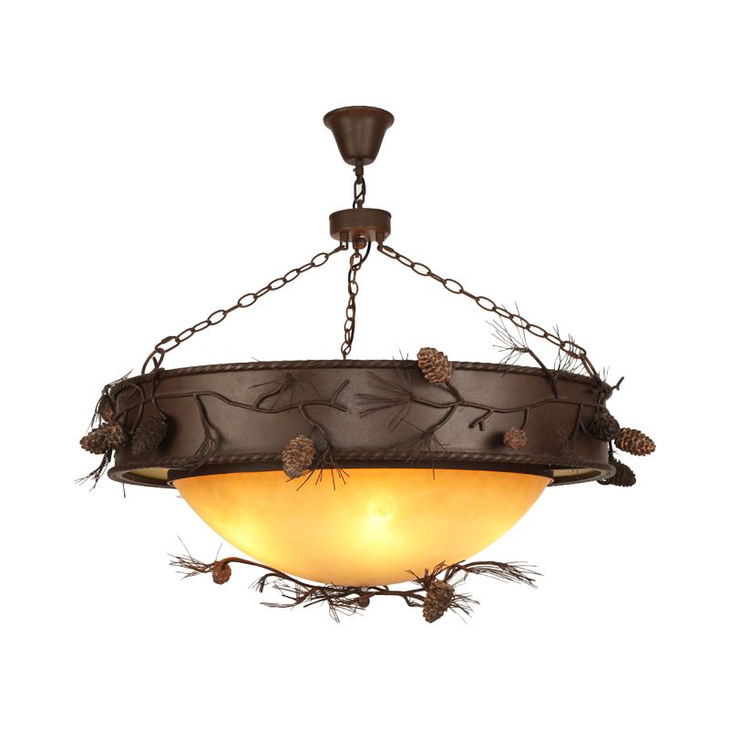 4 Lights Ceiling Light Country Bowl Frosted Glass Hanging Chandelier in Red Brown with Pinecone Accents