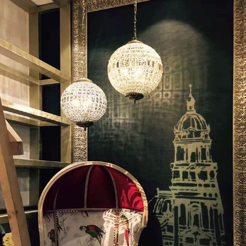 Brass Finish Globe Pendant Lighting Fixture Simple Style Crystal Chandelier for Bedroom