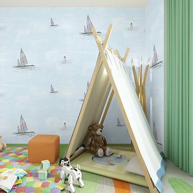Nautical Sailboat Wallpaper Roll Novelty Smooth Wall Decor for Childrens Playroom