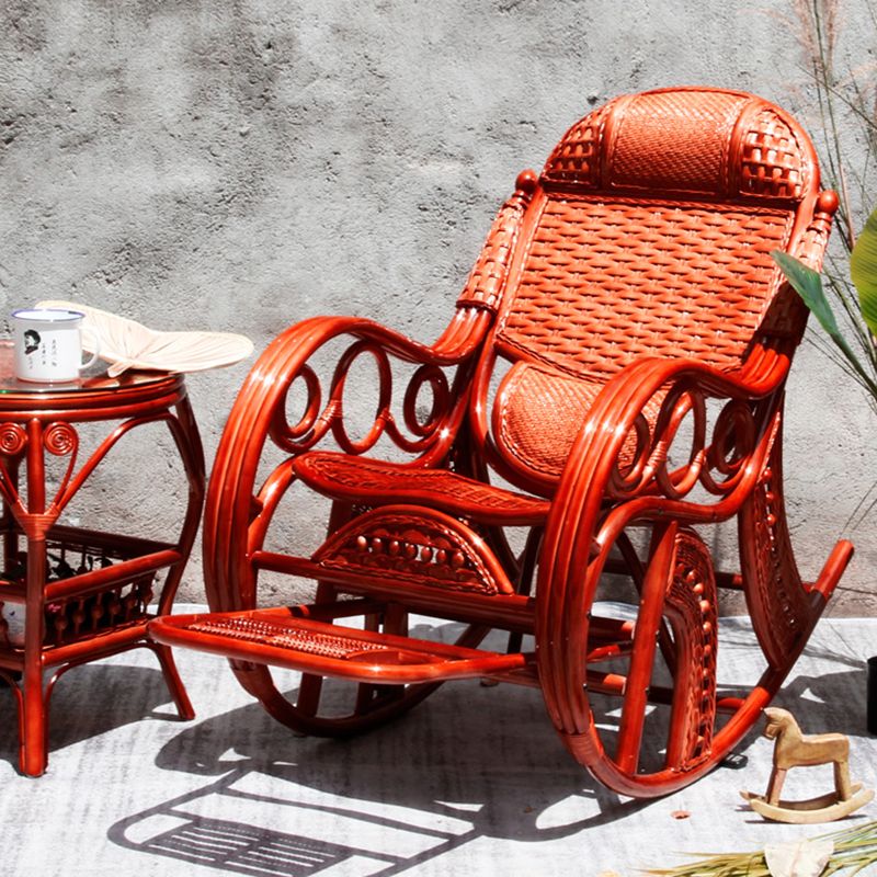 Traditional Rocking Chair Rattan Spindle Backrest Built-in Armrest Indoor Rocking Chair
