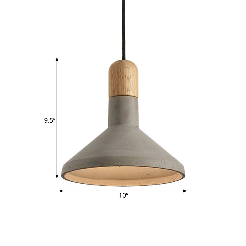 Vintage Style Flared Pendant Light Kit 1 Head Cement Hanging Ceiling Lamp in Grey and Wood