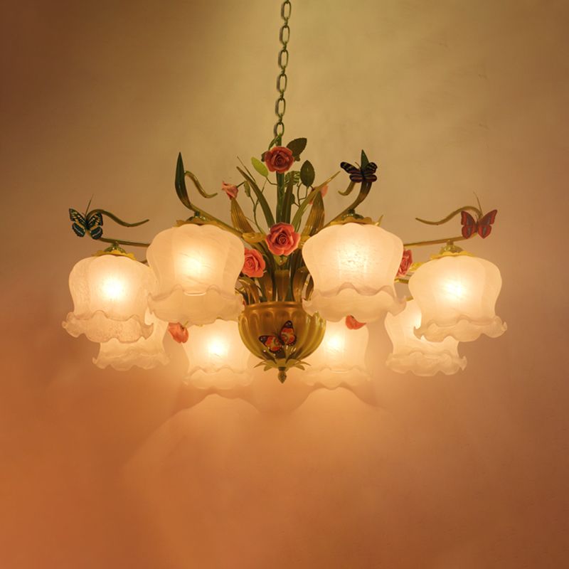 Countryside Flower suspendu Pendant 8 têtes Opal Verre lustre Lighting Fixture en vert pour le salon