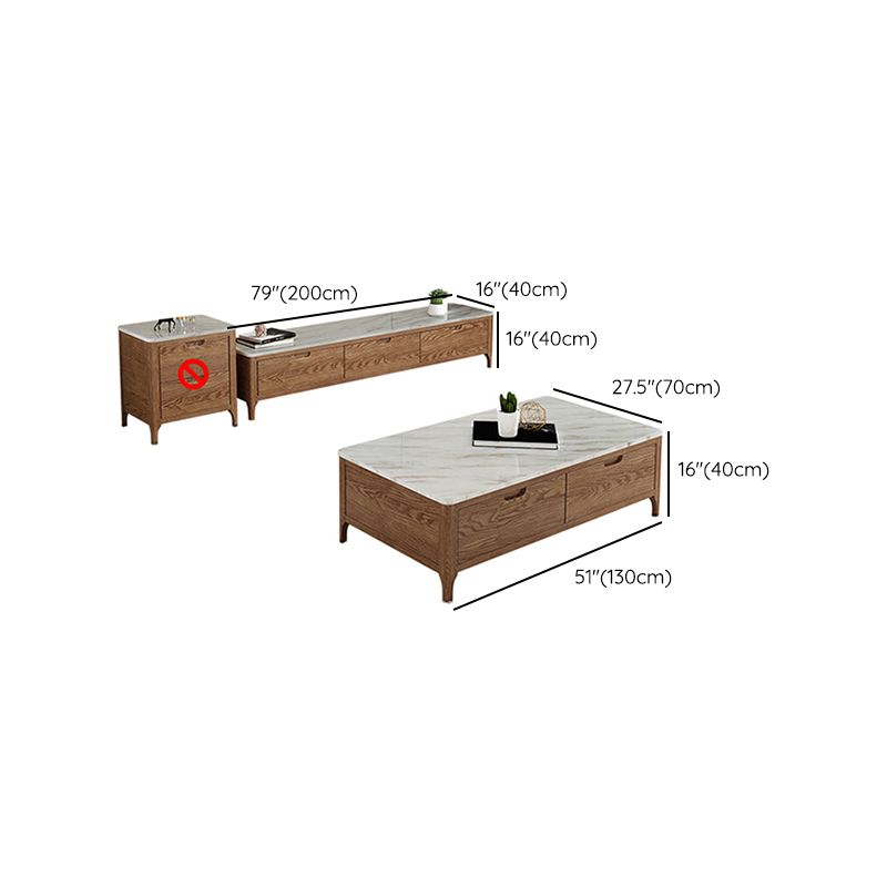 Solid Wood 4 Legs Coffee Table with Storage Drawers Marble Top