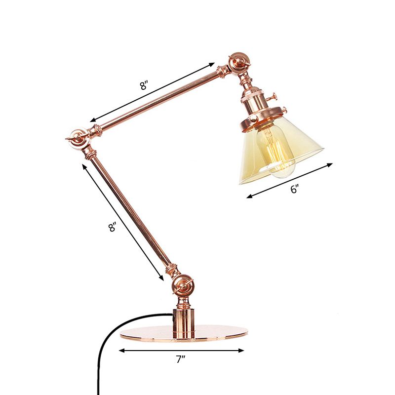 Table conique de style industriel clair Ambre / verre transparent et métal 1 lampe de table de chambre à coucher légère avec bras réglable en noir / laiton