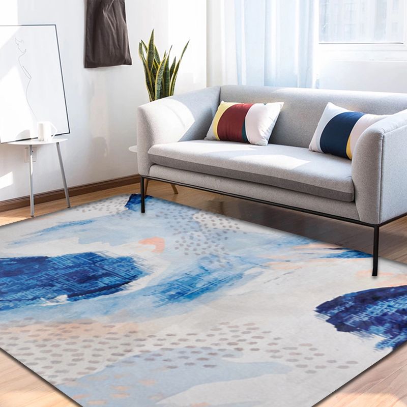 Unique Brushstroke Pattern Rug Blue Contemporary Rug Polyester Pet Friendly Non-Slip Backing Washable Area Rug for Living Room
