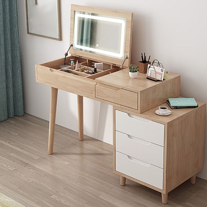 Modern Rubberwood Dressing Table Set with Stool 1-Mirror Wood Vanity Table
