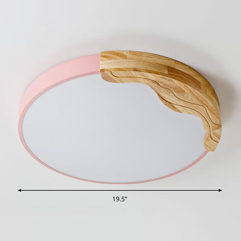 Lampe encastrée ronde rose plafonnier acrylique LED de style macaron moderne avec décoration en bois, largeur 16 "/ 19,5"