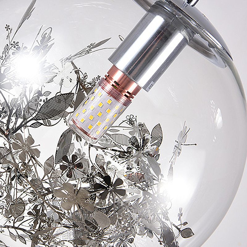 Luz de techo colgante de la esfera de vidrio transparente 1 Lámpara colgante de la cabeza 1 cabezal con diseño de plantas negras en el interior