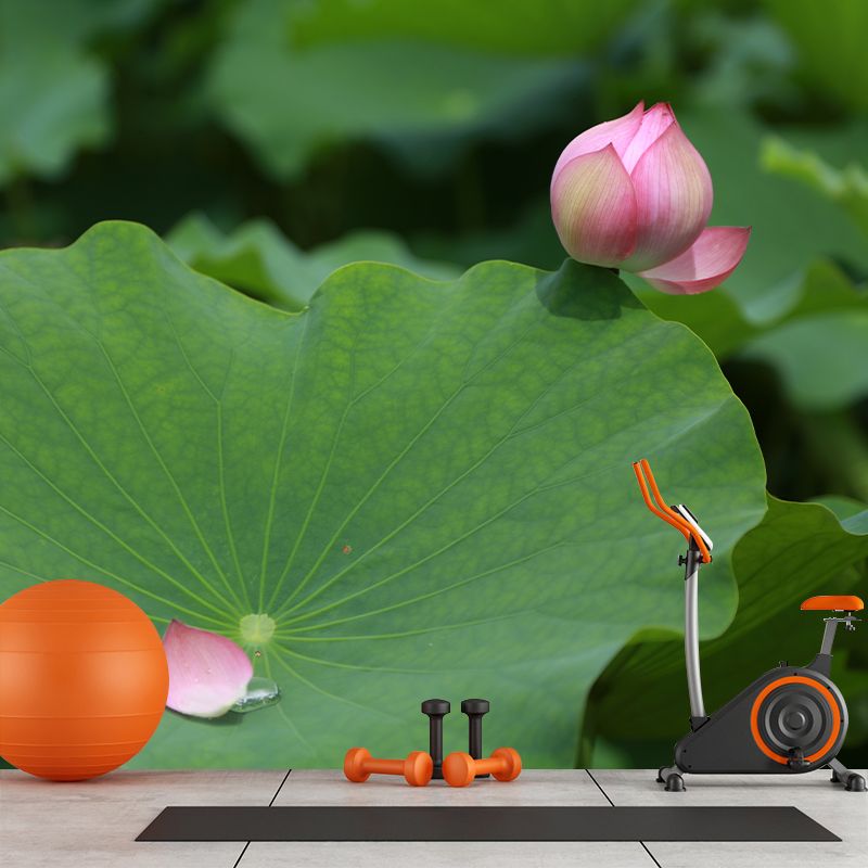 Green Lotus Leaf Mural Wallpaper Stain Resistant Wall Covering for Living Room