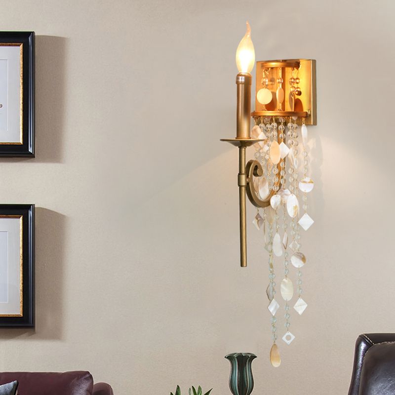 Metal Candlestick Wall Sconce Light Traditional 1 Bulb Bedroom Wall Lighting in Gold with Crystal Accent