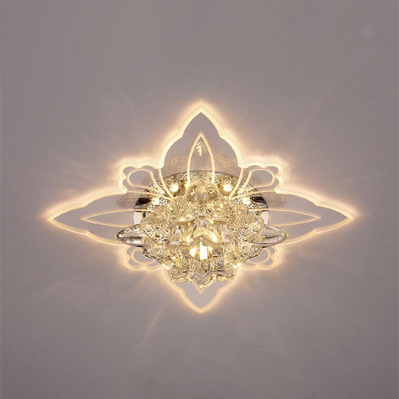 Crystal Flower LED Flush Mount Modern Clear Flushmount Ceiling Light in Warm Light for Hallway