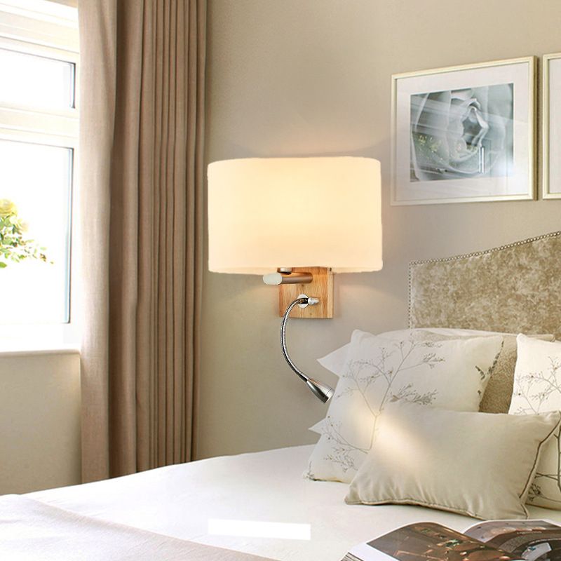 Modern Creative 2-Light Wall Sconce Wooden Geometric Wall Lamp with White Glass Shade