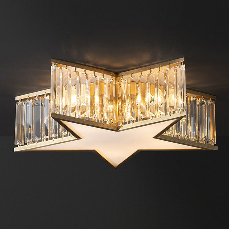 Plafonnier Gold Star de style classique colonial en cuivre à 5 lumières avec abat-jour en cristal