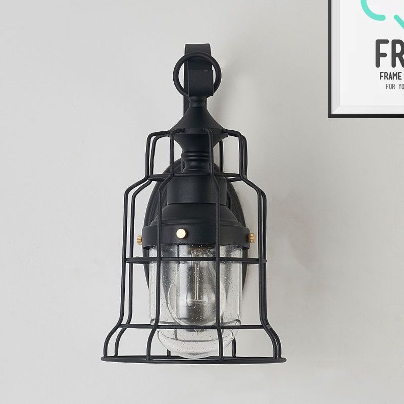1 Light Bell Shade Sconce Light Industrial Black Seedy Glass Wall Lamp for Corridor with Metal Cage Frame