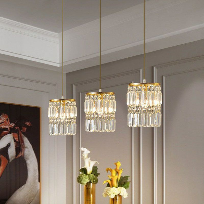 Cilinder kristalprisma's Multi-licht hanger Postmoderne 3-head goudhangende lampkit
