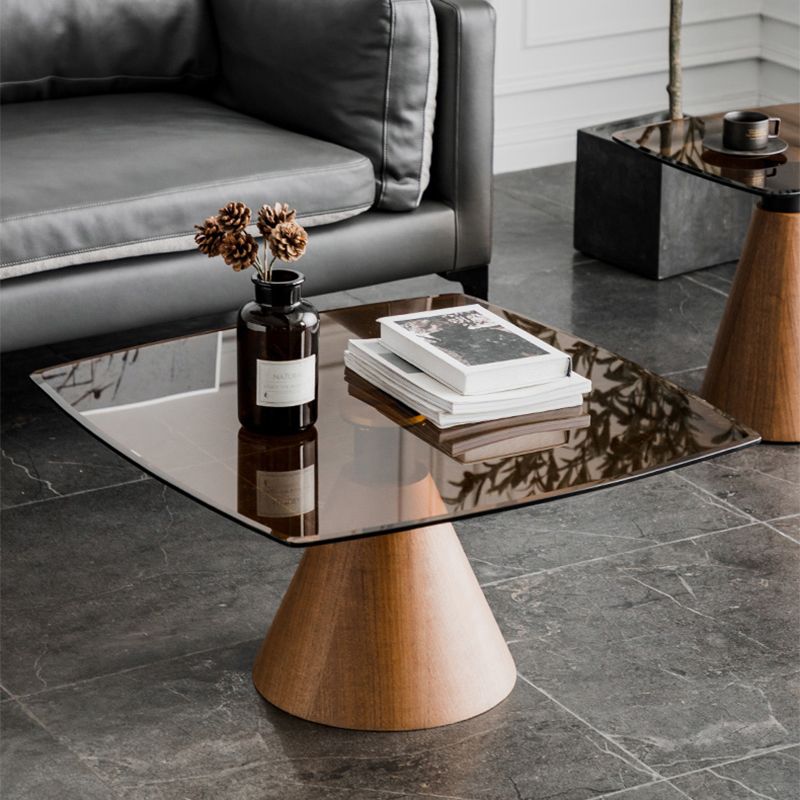 Square Glass Top Coffee Table in Brown Modern Pedestal Cocktail Table