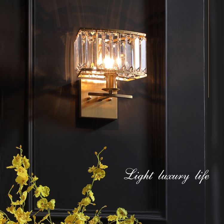 Gold Rectangular Wall Sconce in Modern Luxury Style Copper Wall Lamp with Crystal Shade