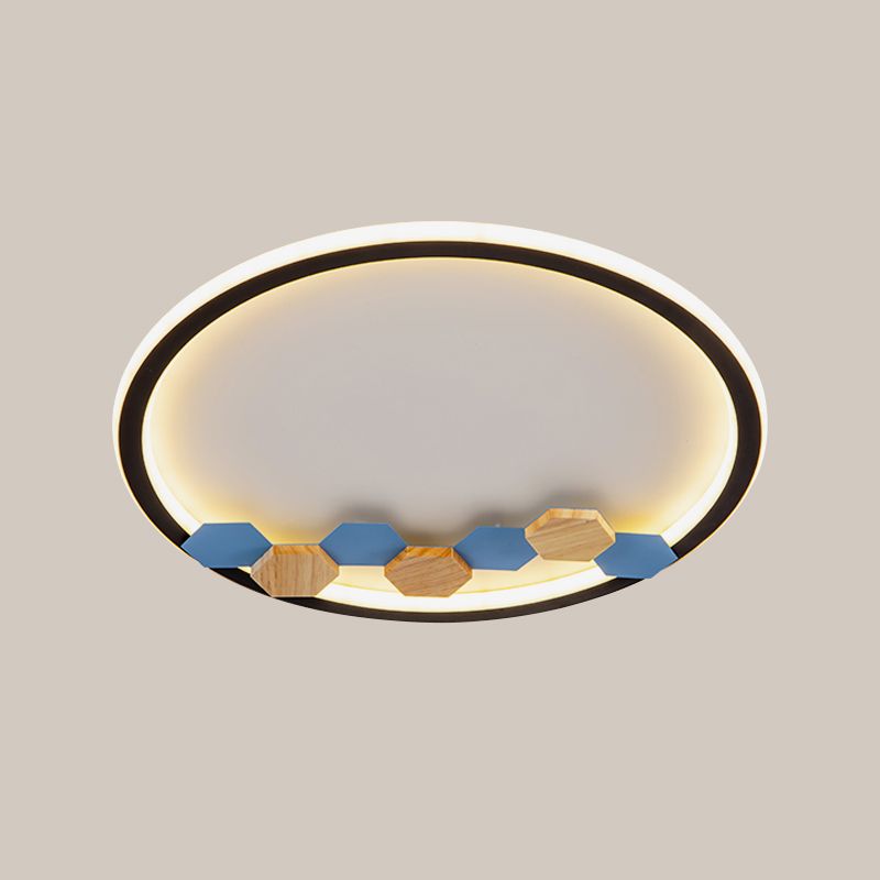 Round/Square Parlor Flush Lamp Acrylic LED Minimalist Ceiling Mounted Light with Leaf/Geometric Deco in Black