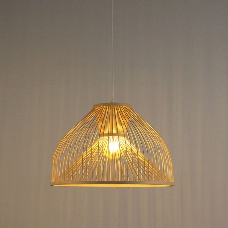 Bamboo Dome Suspension Pendant Light Contemporary 1 Head Wood Hanging Ceiling Light