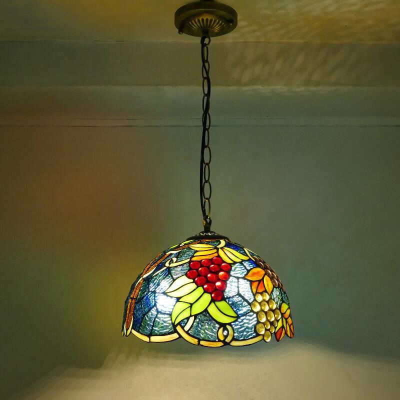 1 Head Suspension Light Decorative Dome Shade Grape Stained Glass Pendant Light Fixture