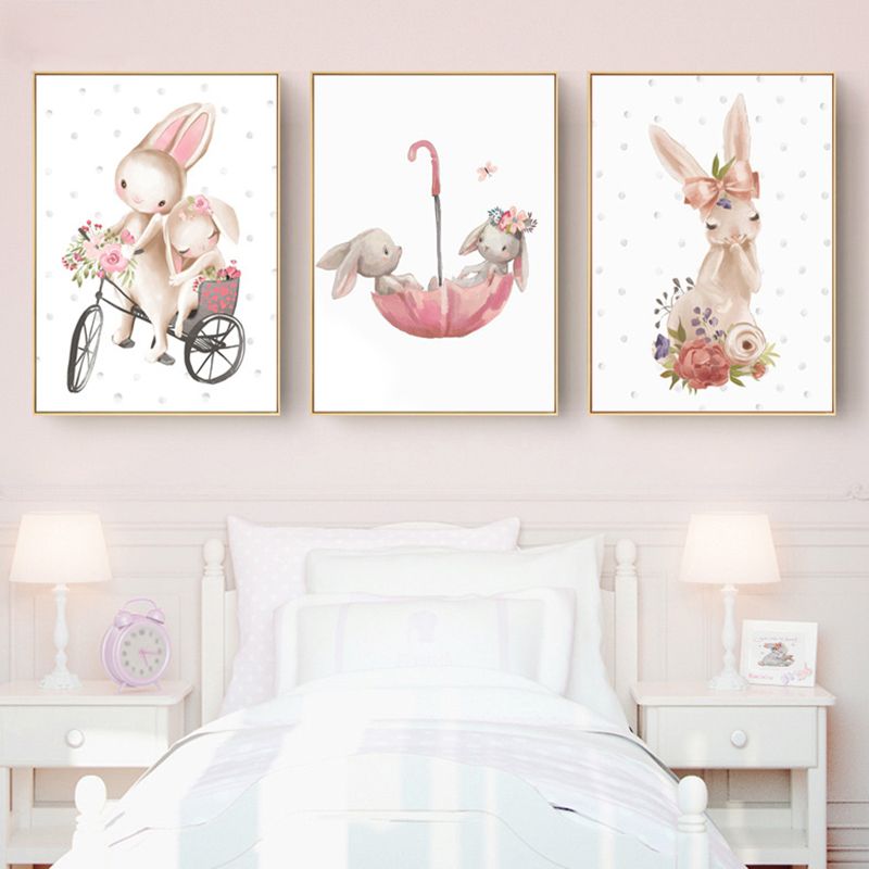Personified Bunny Canvas Children's Art Animal Painting in Light Color for Bedroom