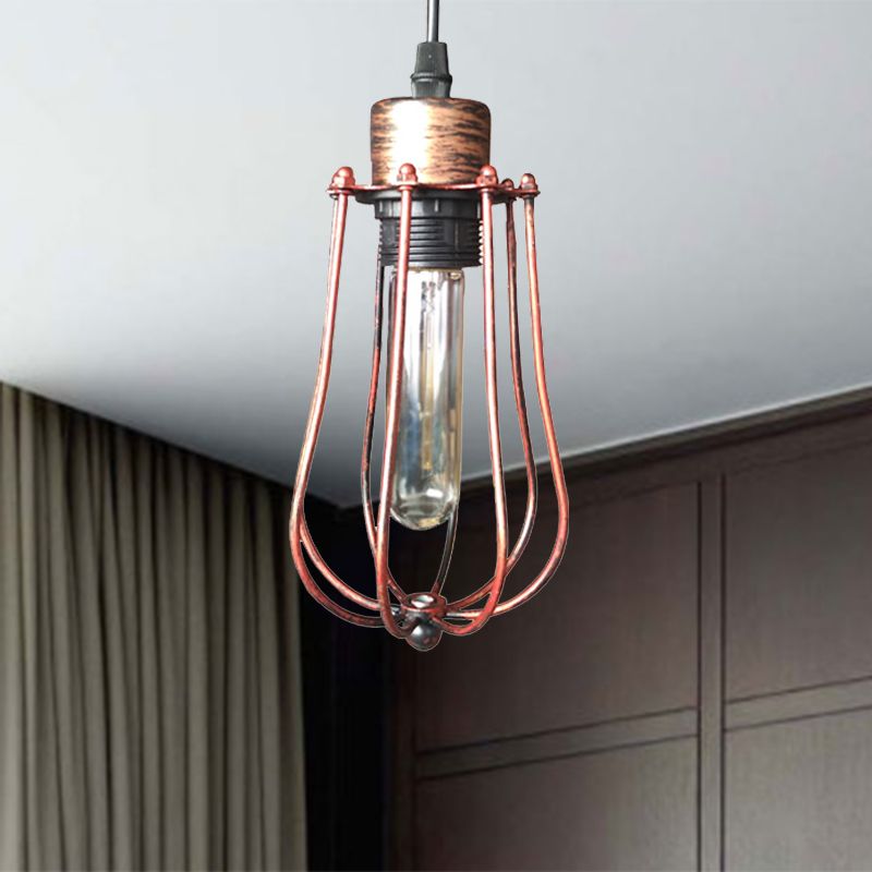 Wrought Iron Caged Hanging Pendant Light Rustic Industrial 1 Head Coffee Shop Suspension Light in Aged Silver/Weathered Copper