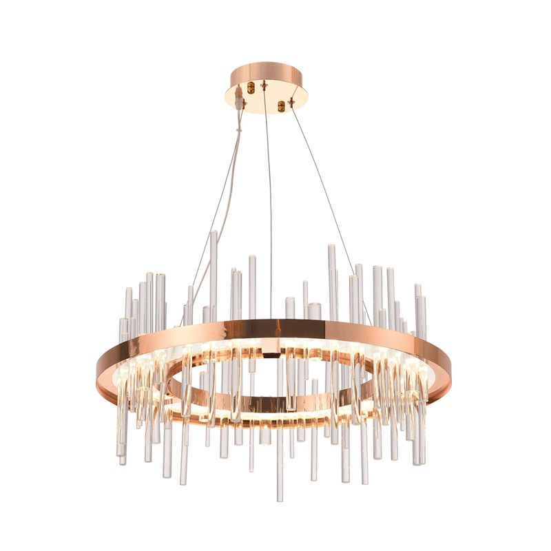 Rose Gold Circle Ceiling Suspension Lamp Modern Crystal Strip Bedroom LED Chandelier