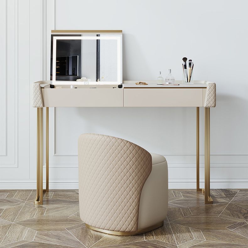 Glam Style Beige Rock Slate Vanity with 5 Drawers Metal Base
