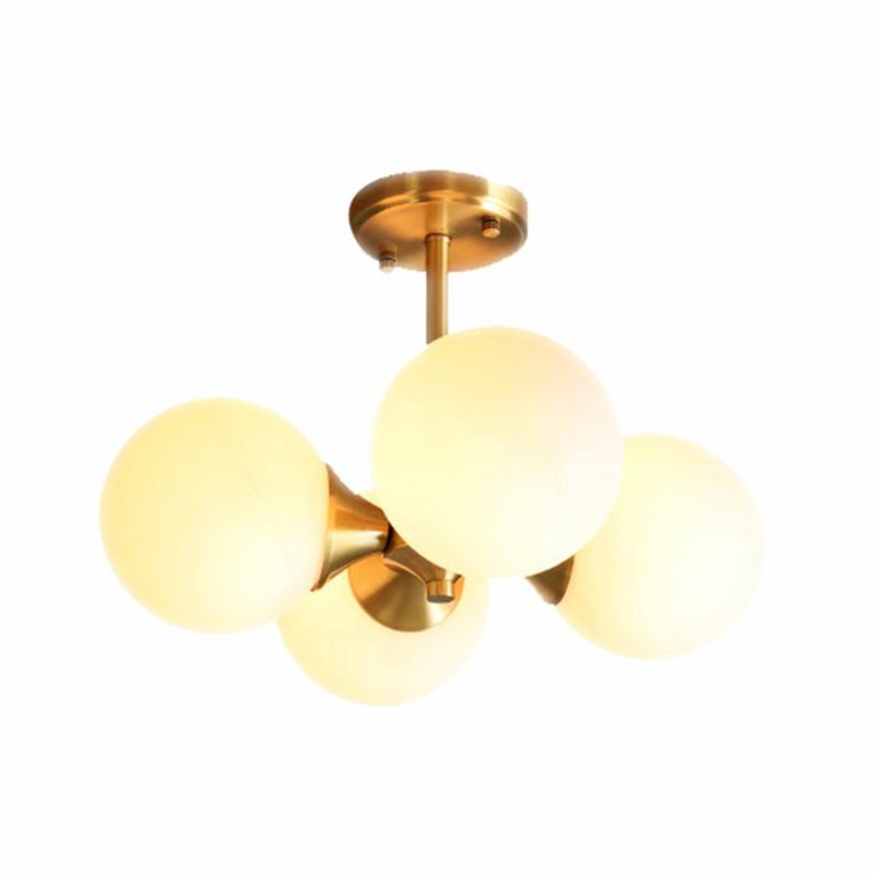 Brass Globe Flush Mount Lighting Postmodern 4 Heads Opal Glass Semi Flush Light for Bedroom
