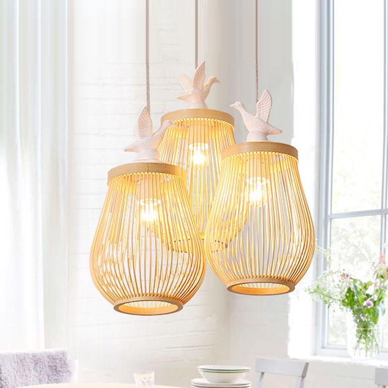 Wood Cage Hanging Lamp Modern 1 Head Bamboo Ceiling Pendant Light with White Bird