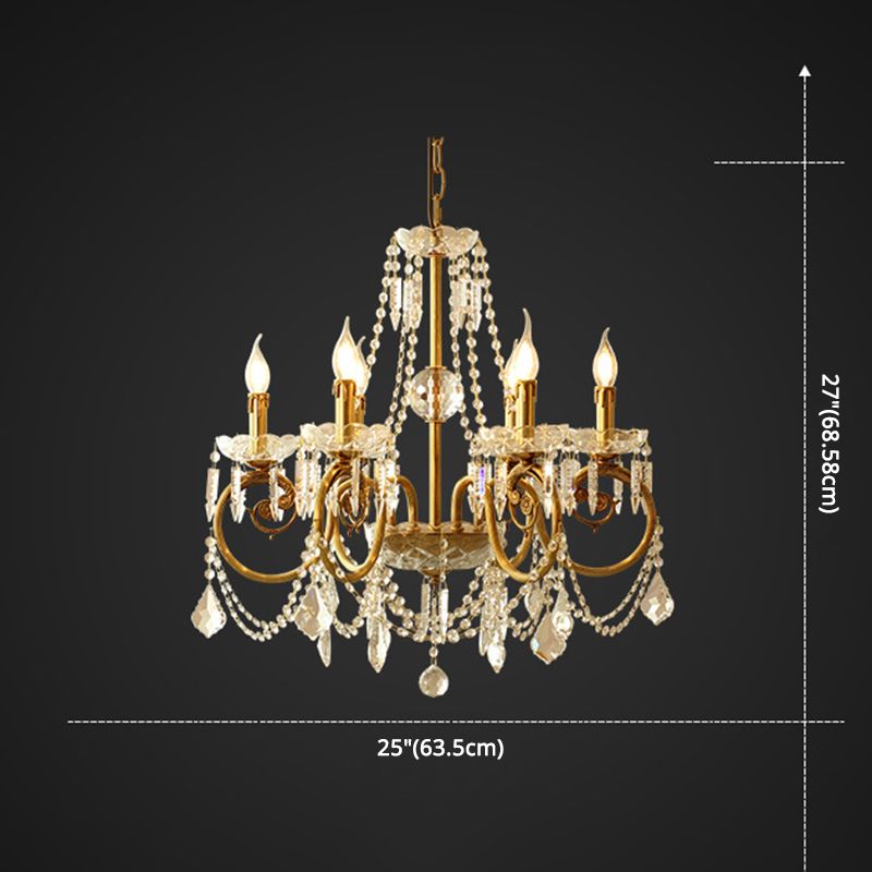 Gold Retro Rustic Style Crystal Large Chandelier Full Brass Candlestick Design Elegant Lighting Fixture for Living Room