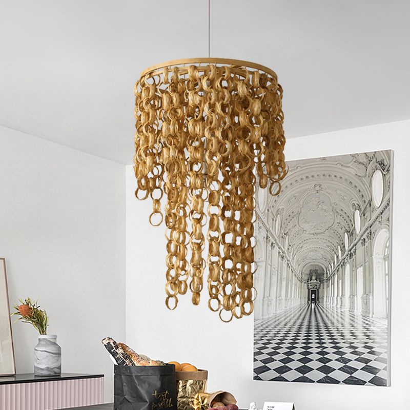 Square/Round Hanging Light with Waterfall Design Asia Bamboo Rattan 2-Bulb Beige Chandelier Pendant Lamp