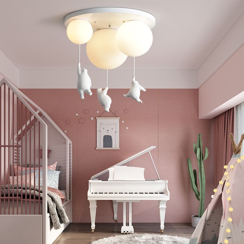 White Globe Ceiling Light in Kids Style artistique Resin Bear Flush Mount with Glass Shade