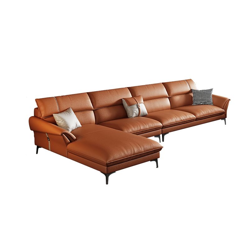 Contemporary Tan Leather Sectional Pillow Top Arm Sofa and Chaise for Living Room