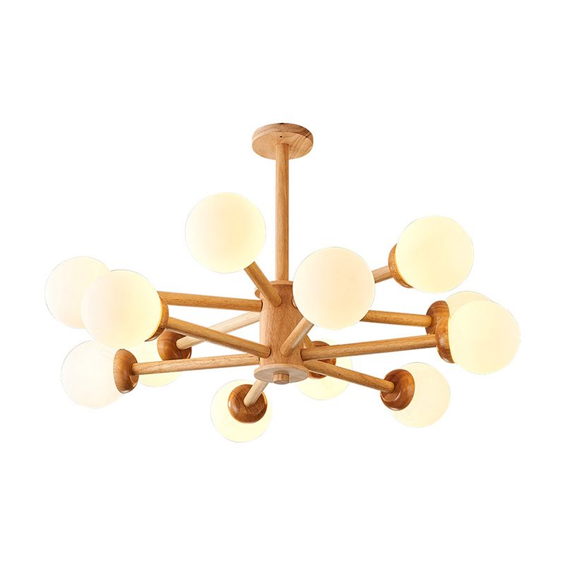 Modo Shaped Suspension Light Minimalist Cream Glass Bedroom Chandelier Light in Wood