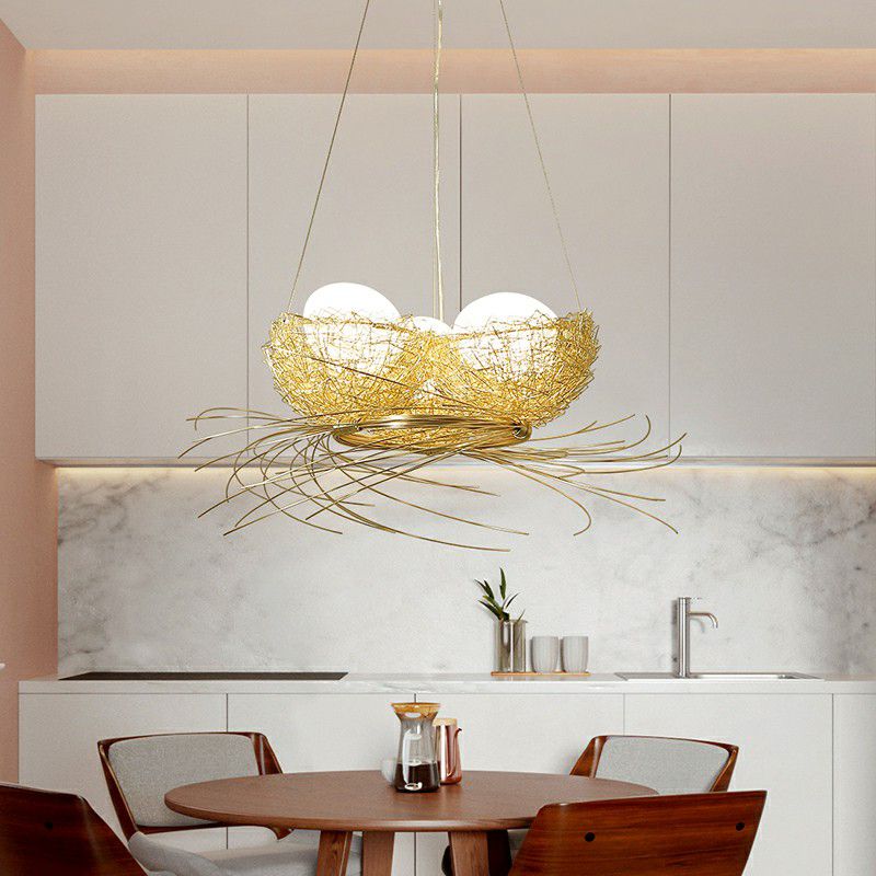 Artistry Nest Shaped Pendant Light Aluminum 3 Heads Dining Room Chandelier Light Fixture in Beige