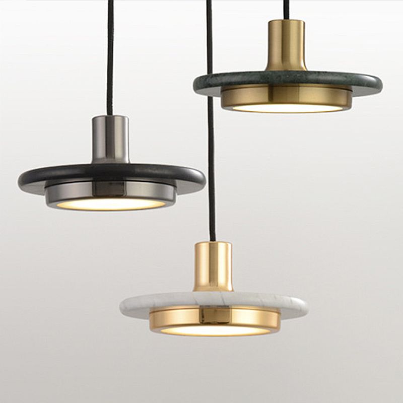 Round Metal Pendant Lighting Modern 1 Light White/Black/Green Hanging Ceiling Lamp with Marble Ring