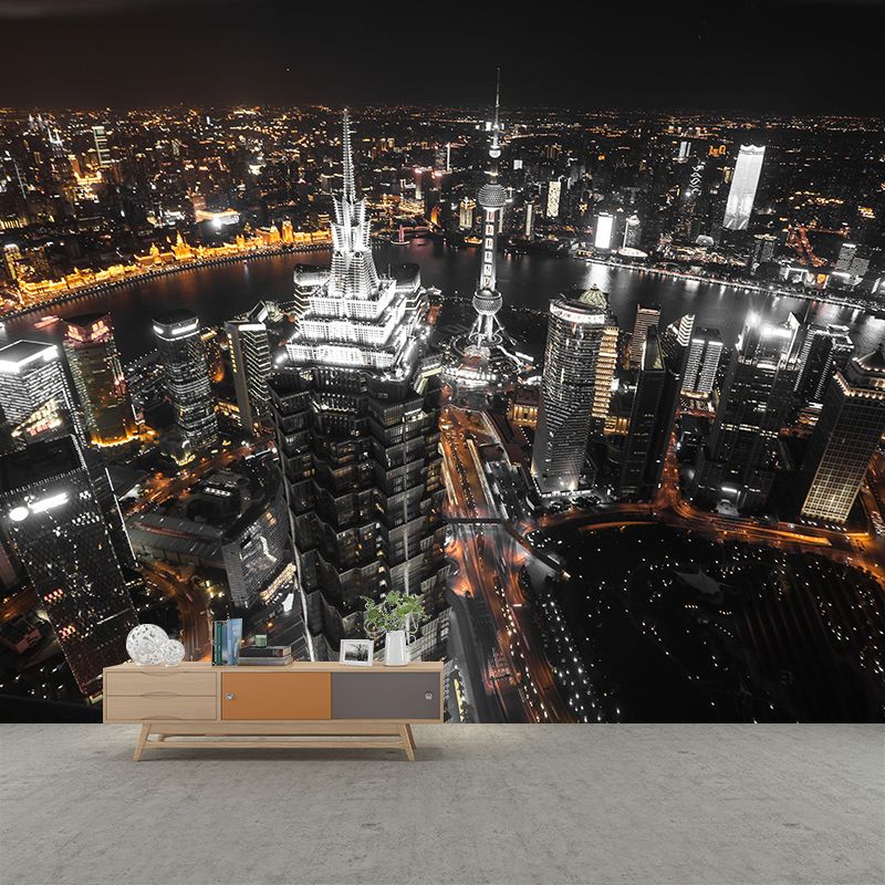 Shanghai Cityscape Mural Wallpaper Dark Color Moisture Resistant Wall Decor for Room