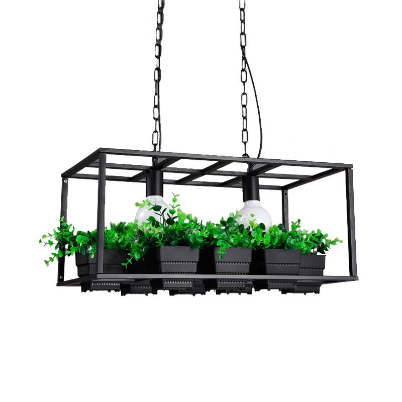 Black/White 2 Heads Island Lamp Antiqued Metal Rectangle Plant Hanging Ceiling Light for Restaurant, 21.5"/25.5" Long