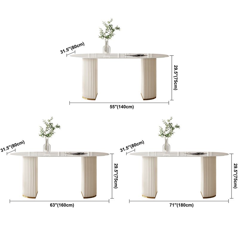 Oval Double Pedestal Modern Dining Table White Fixed Table with Sintered Stone