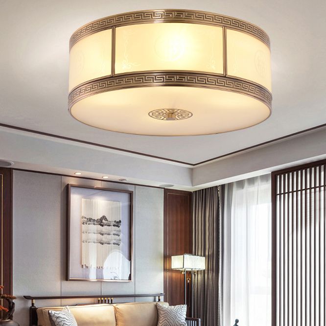 Traditional Copper Flush Ceiling Light Bedroom Flush Mount Lamp with Glass Shade