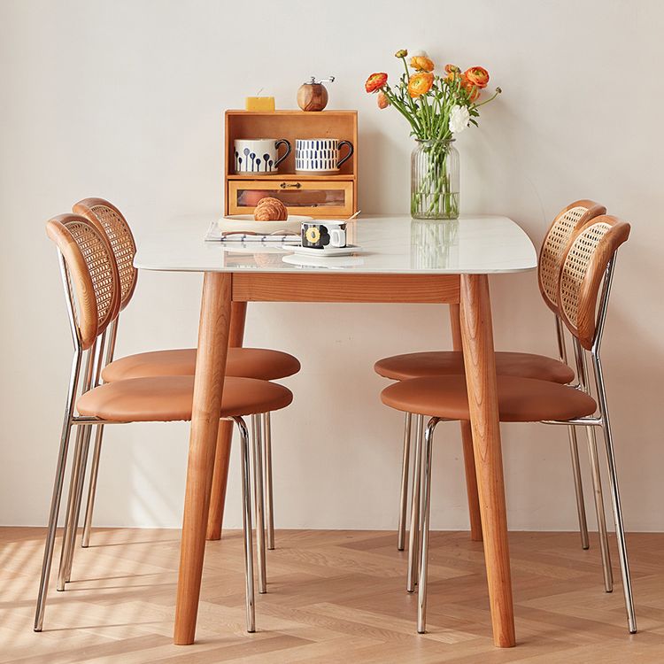 Modern Rectangle Dining Table Sintered Stone Top Table with 4 Wood Legs