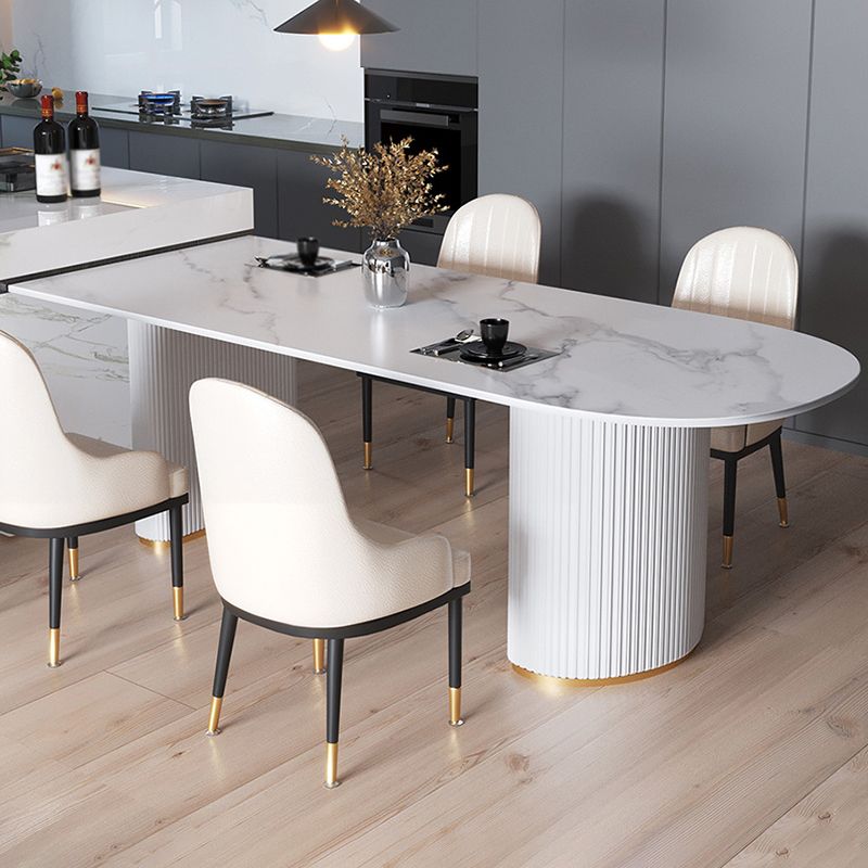 Eigentijdse thuis gesinterde stenen eettafel vrijformaat vormtafel met dubbele voetstukbasis