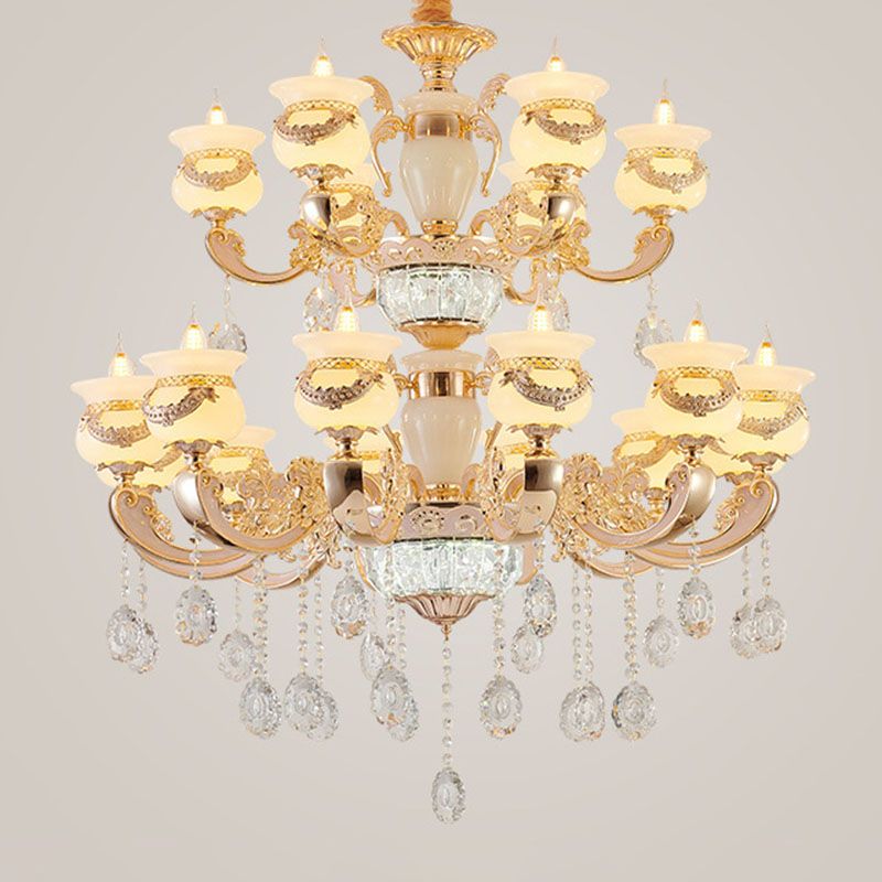 Gold Candle Pendant Chandelier Country Jade Living Room Hanging Lighting with Crystal Accent
