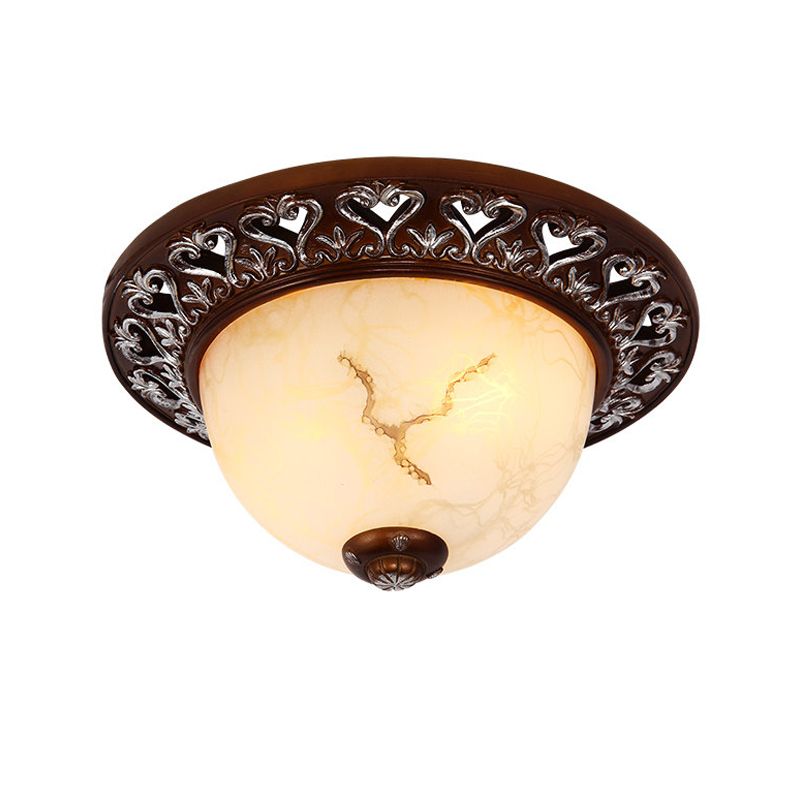 Retro Bowl-Like Flush Mounted Light 2/3/4-Bulb Crackle Glass Ceiling Fixture in Coffee for Balcony, 12"/16"/19.5" W