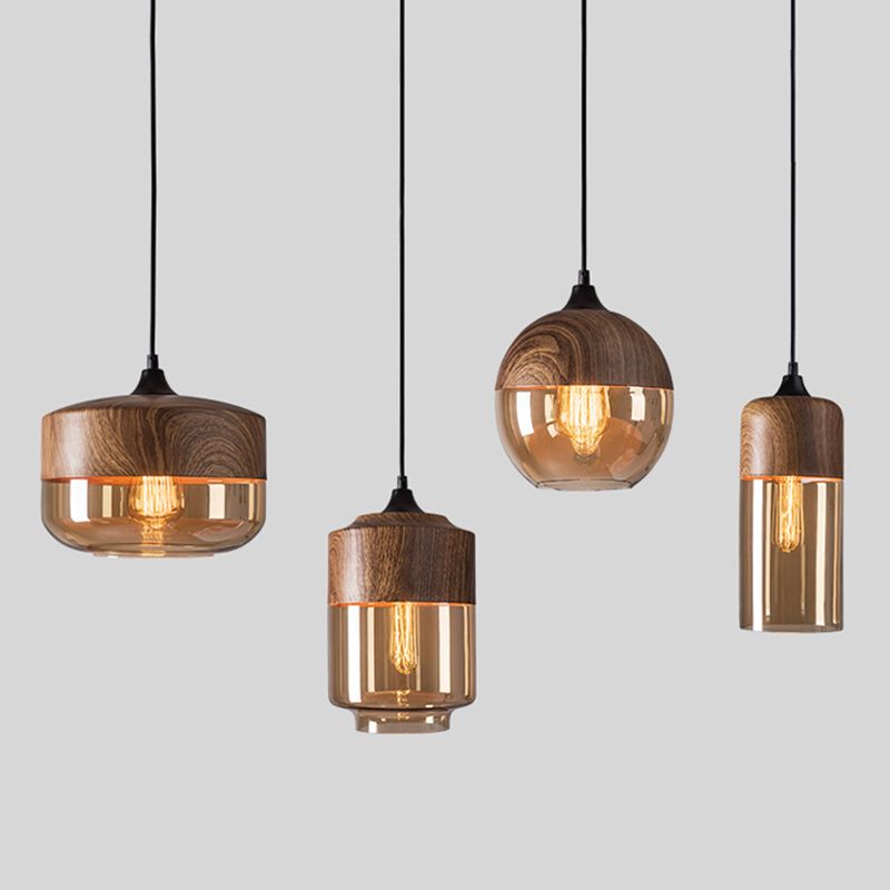 La lampe suspension de la suspension nordique en bois nordique 1-Light Light avec une teinte en verre géométrique