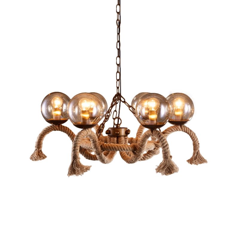 6 lumières Global Chandelier Lighting Retro Rust Finish Finish Rope Suspension Light With Smoke Grey Grey Glass Shade