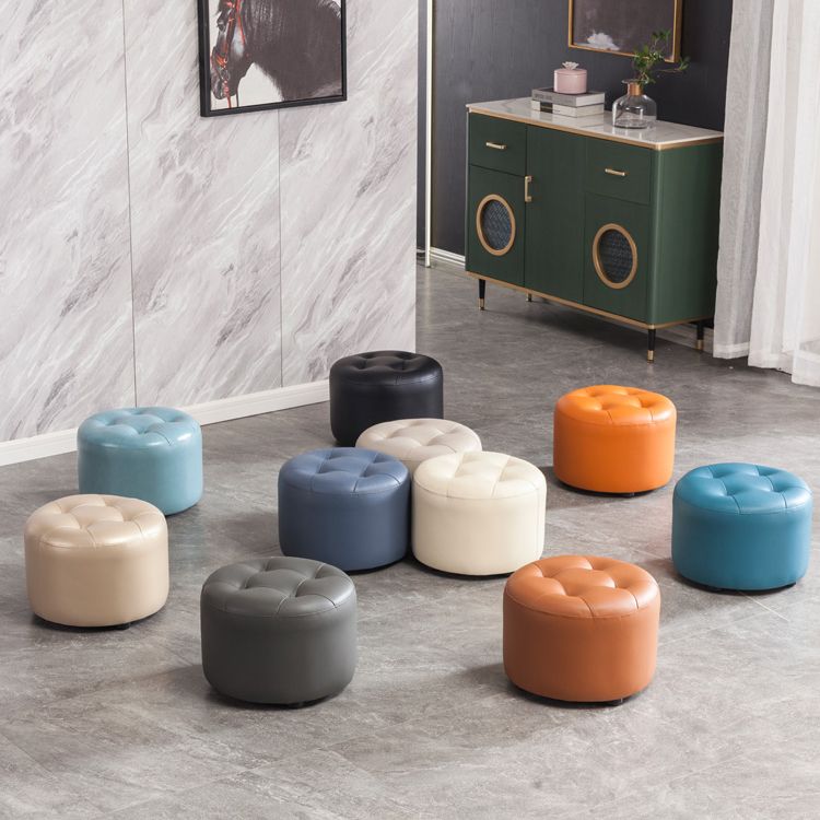 Simplicity Pure Color Ottoman Tufted Faux Leather Water Resistant Round Pouf Ottoman