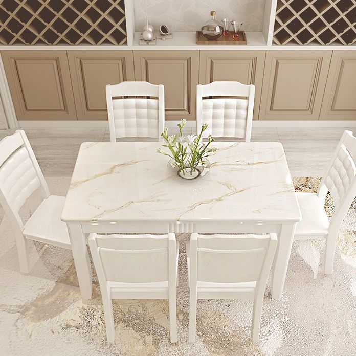 Contemporary Style Marble Dining Set with White Fixed Table and 4 Legs Base for Home Use