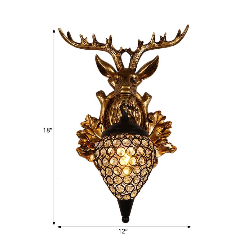 Brown / Gold 1 Bulbe Approche du luminaire Ferme Ferme Crystal Crystal incrusté Lampe de montage mural avec plaque arrière de la tête de wapiti, 12 "/19,5" de large